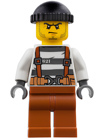 Минифигурка Lego Police - City Bandit Crook Overalls 621 Prison Stripes, Dark Orange Legs, Black Knit Cap, Beard Stubble and Scowl cty0777 U